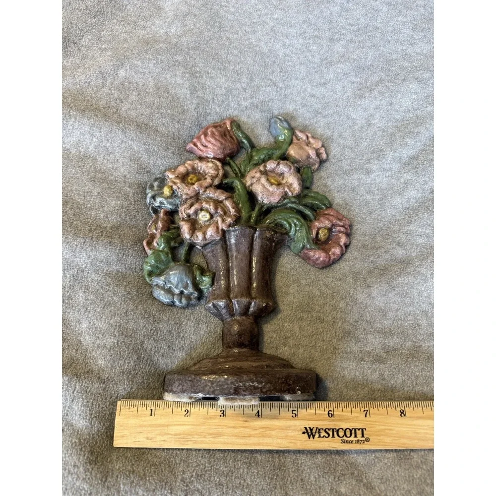 Antique HUBLEY? Cast Iron Door Stop Vase Urn Pink Blue Floral Arrangement 10